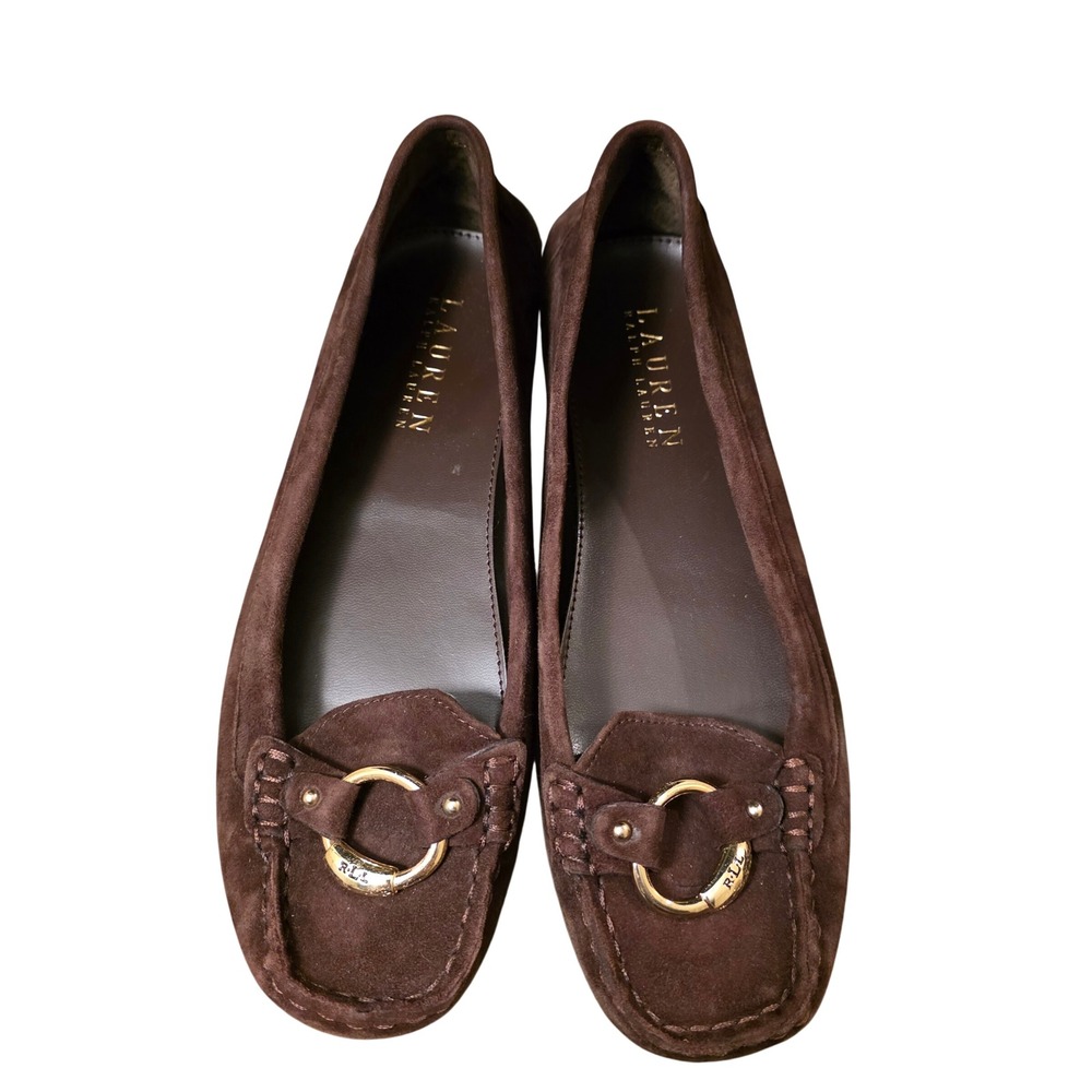 Ralph Lauren Brown Suede Driving Loafer Gold Hardware Flats Women 7.5B Old Money